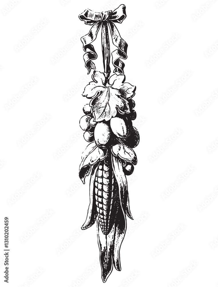 Vintage engraving of bunch of corns and grapes