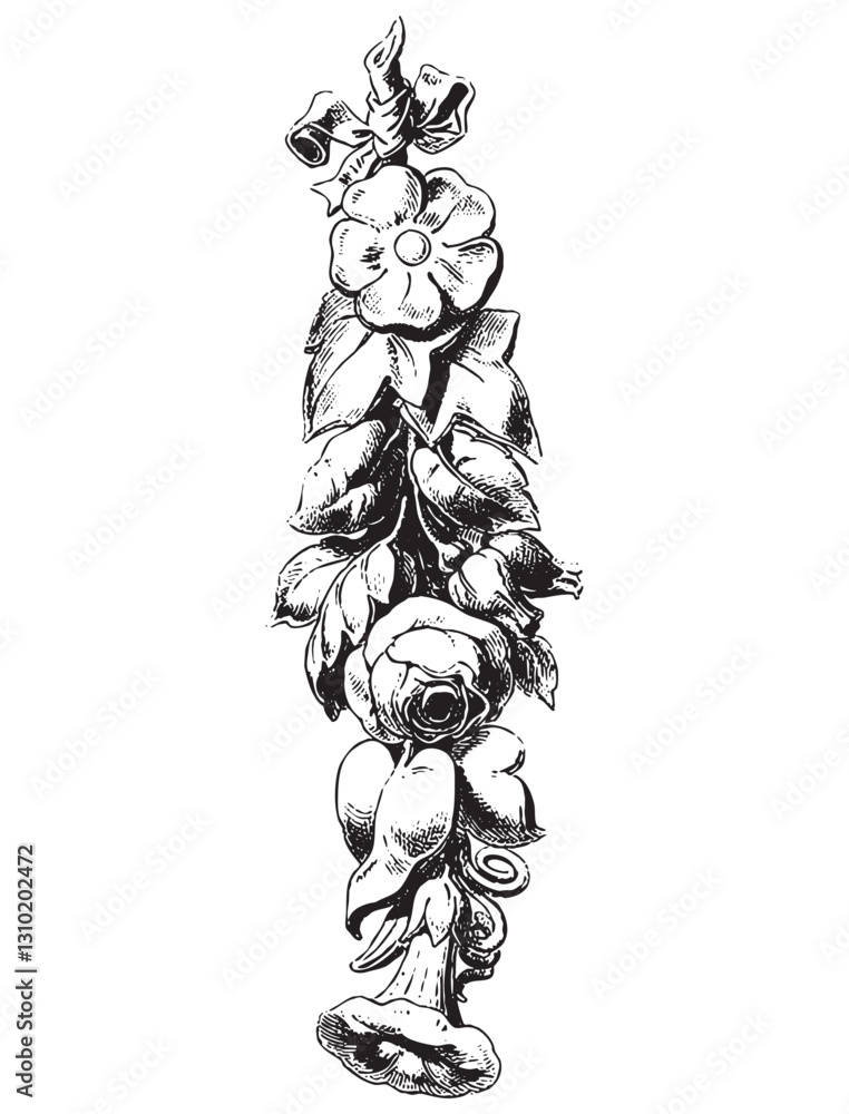 Vintage engraving of bunch of flowers and leaves