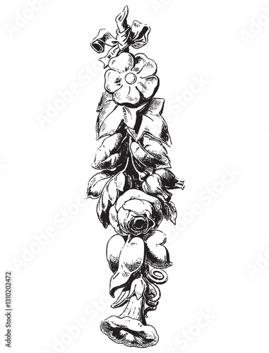 Vintage engraving of bunch of flowers and leaves