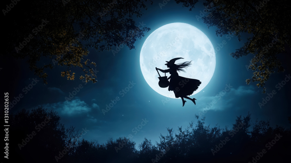 Enchanting silhouette of baba yaga flying against moonlit night for halloween themed art Enchanting silhouette of baba yaga flying against moonlit night for halloween themed art