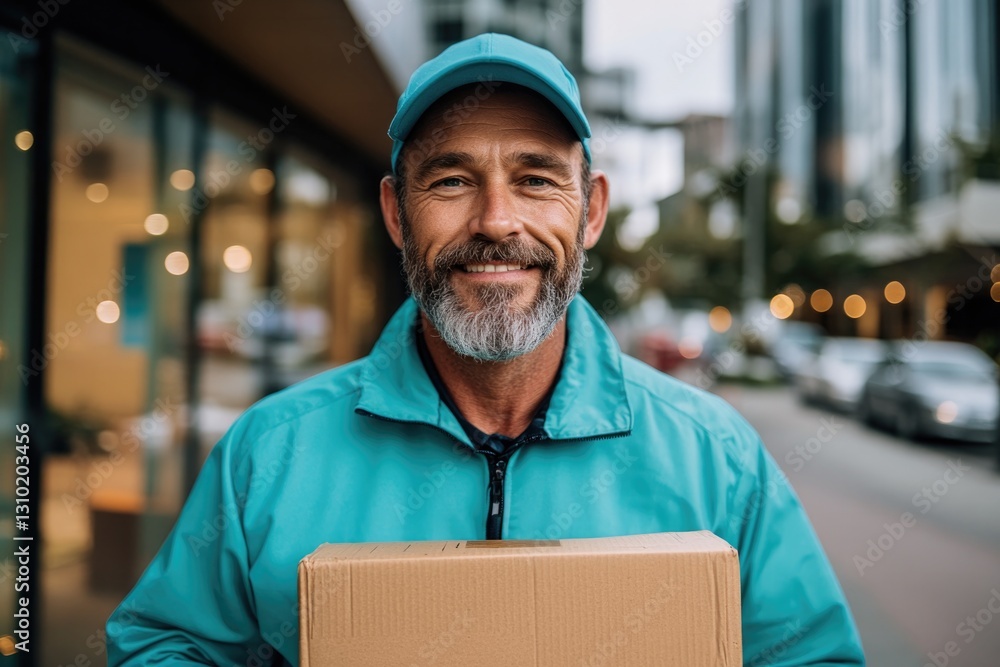 Smiling delivery person holding package in urban setting, showca Smiling delivery person holding package in urban setting, showca