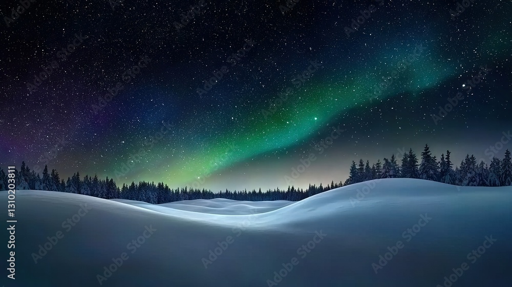 A snowy landscape with trees and a vibrant green and purple aurora light illuminating the sky above a snow-covered hill A snowy landscape with trees and a vibrant green and purple aurora light illuminating the sky above a snow-covered hill