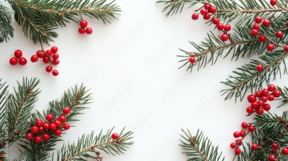 Christmas composition flatlay. Spruce branches, red berries on white background with space for text Christmas composition flatlay. Spruce branches, red berries on white background with space for text