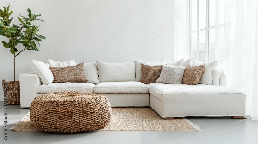 Wicker and fabric pouf near white corner sofa. Minimalist interior design of modern living room Wicker and fabric pouf near white corner sofa. Minimalist interior design of modern living room