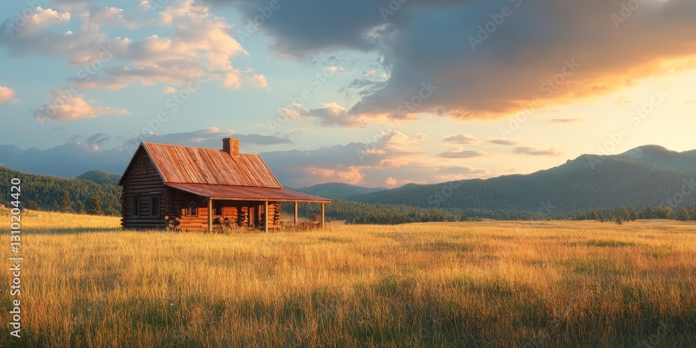 Cozy Log Cabin Surrounded by Nature at Sunset Cozy Log Cabin Surrounded by Nature at Sunset