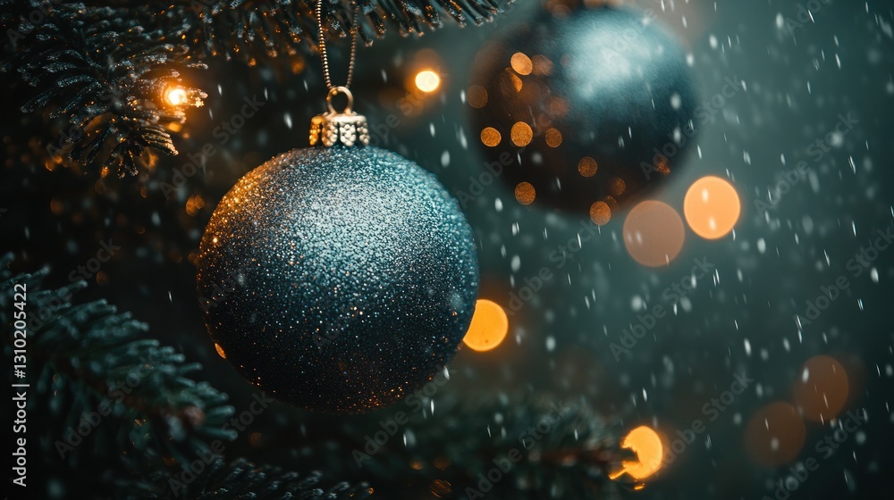 Snowy Night, Dark Ornament, Christmas Tree, Lights, Festive Snowy Night, Dark Ornament, Christmas Tree, Lights, Festive