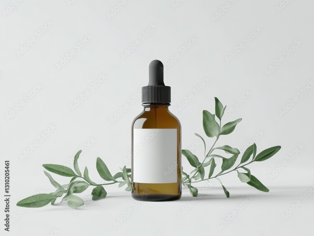 Amber glass dropper bottle with blank label, surrounded by greenery Amber glass dropper bottle with blank label, surrounded by greenery