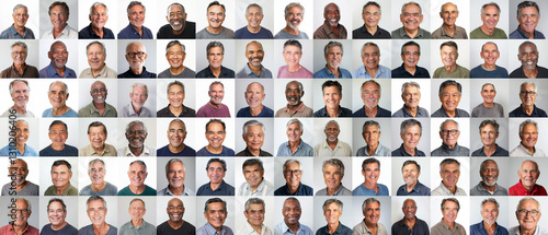 Middle Age Men - a grid of 84 unique square headshots of a variety of diverse, smiling, friendly mature male people against a white background - 88MP XXXL
