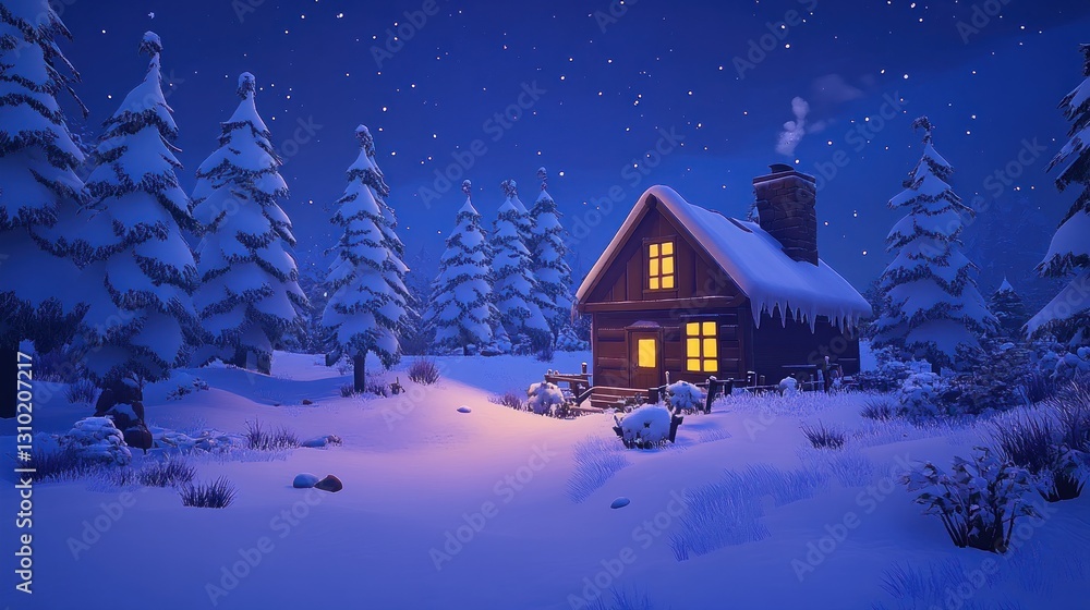 Fototapeta premium Cozy winter cabin nestled in a snowy forest at night