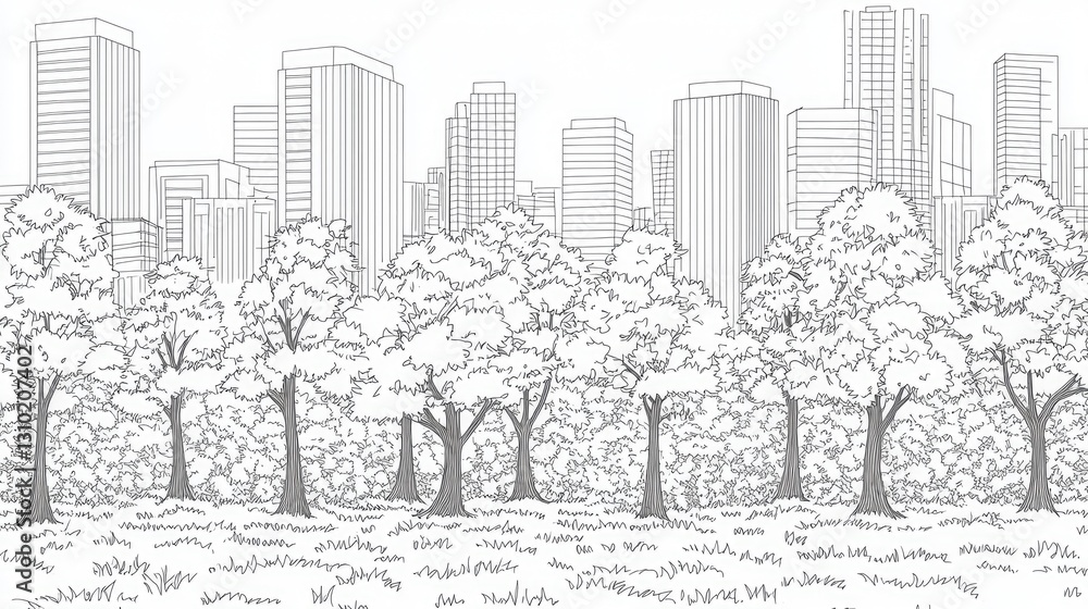 Fototapeta premium Line art of trees with cityscape in background. For coloring books, wall arts, and educational purposes