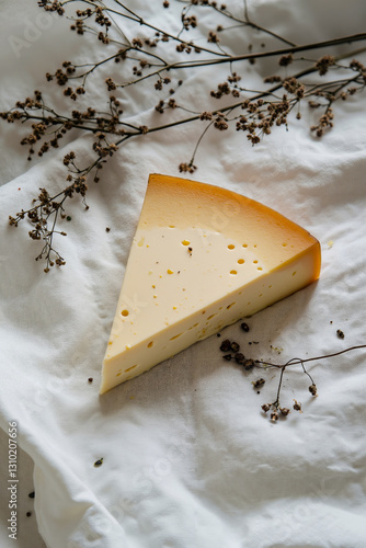 A piece of cheese sitting on top of a white cloth