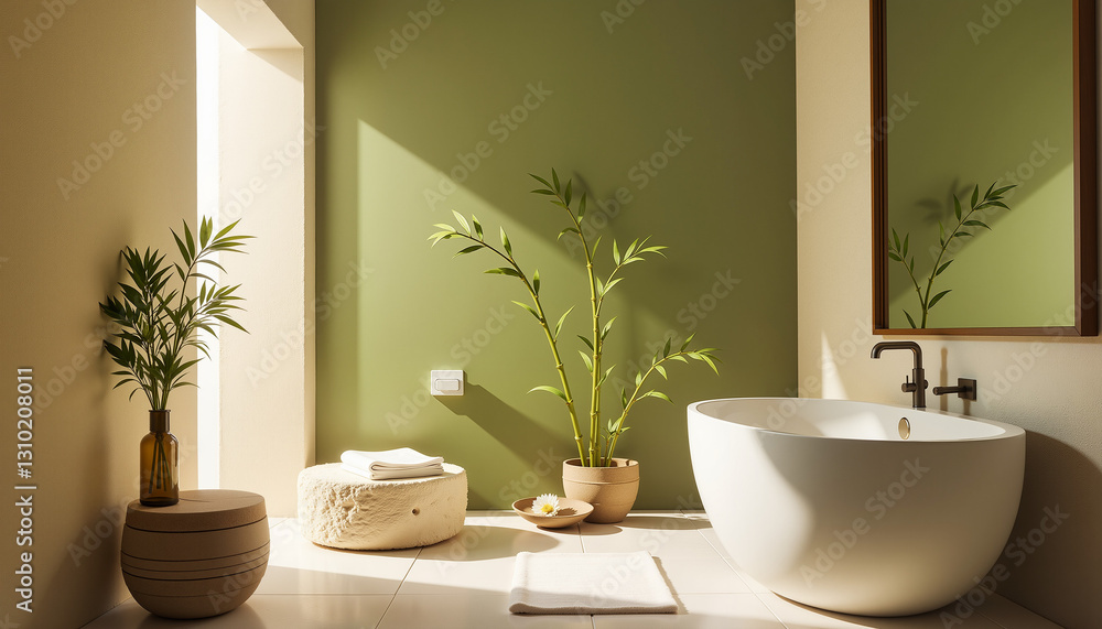 Modern bathroom interior with plants in minimalistic design Modern bathroom interior with plants in minimalistic design