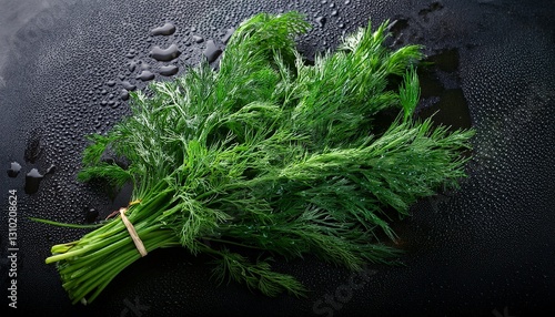 a bunch of fresh raw green dill on dark background with water drops