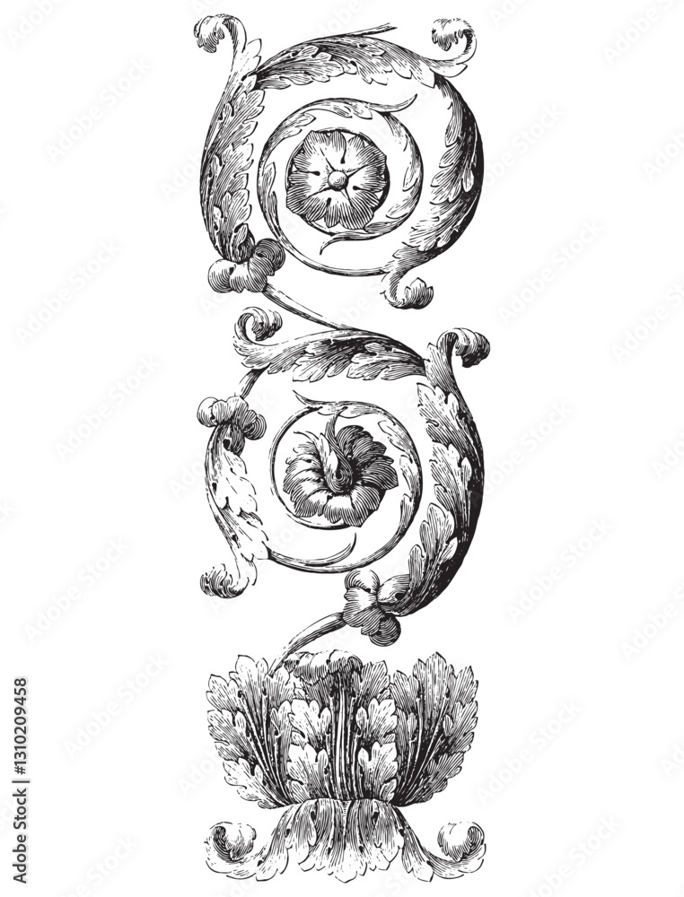 Vintage engraving of acanthus roll with heavy ornamentation and circle details