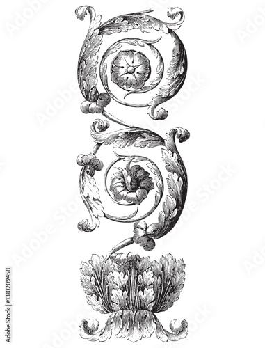 Obraz na płótnie Vintage engraving of acanthus roll with heavy ornamentation and circle details w salonie