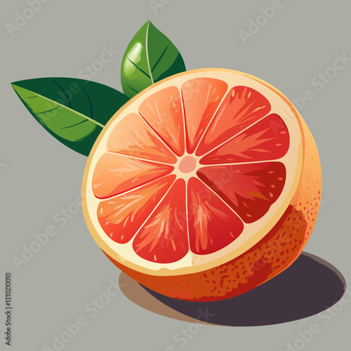 Close-up of a vibrant grapefruit slice with green leaves on grey background