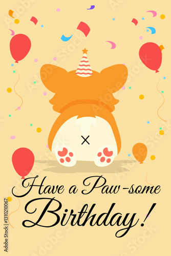 Joyful corgi celebrating with balloons and confetti. Ideal for birthday cards, party invitations, pet events, festive banners, kids’ decor