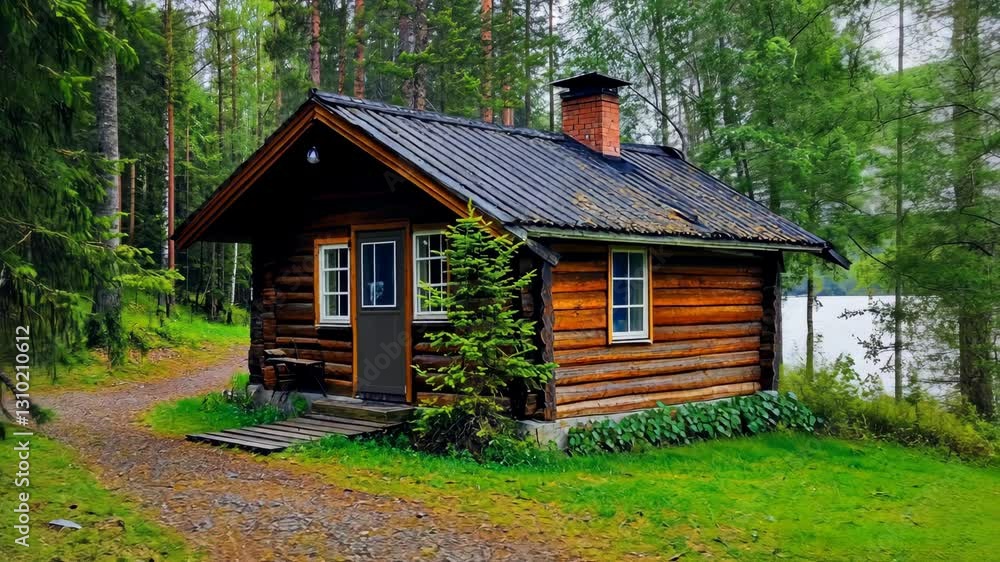 Cozy wooden cabin by the lakeside amidst lush greenery in a tranquil forest setting Cozy wooden cabin by the lakeside amidst lush greenery in a tranquil forest setting