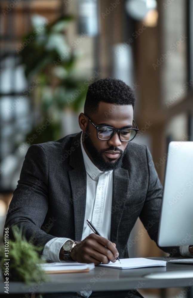 Obraz premium Stylish black businessman working in modern office, writing notes on notepad