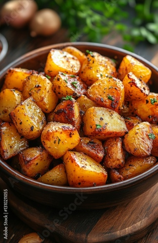 Roasted Potatoes in a Bowl on Wooden Table