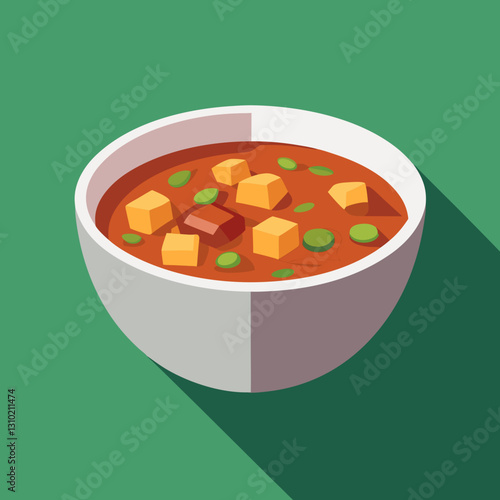 Delicious bowl of spicy tofu stew with vibrant green background