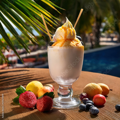 Deliciosa copa de helado & frutas tropicales en la terraza de un bar cerca de la costa photo