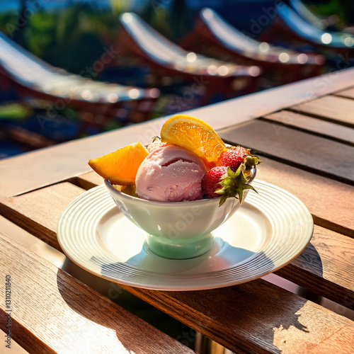 Deliciosa copa de helado & frutas tropicales en la terraza de un bar cerca de la costa photo