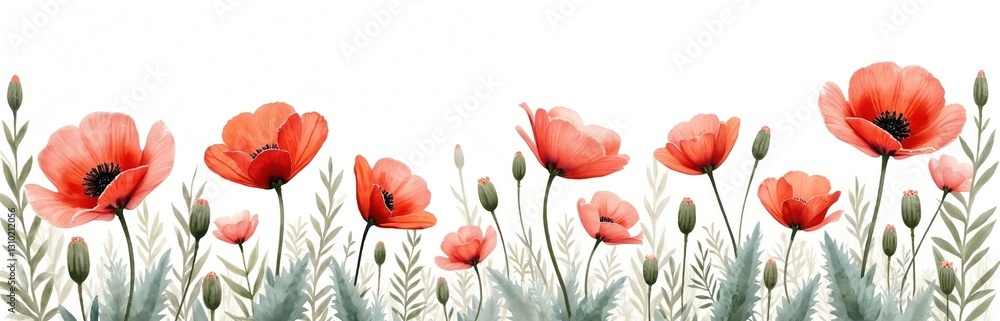 Naklejka premium Watercolor red poppy flowers illustration. Hand drawn design border. Blossom composition isolated on white background. Summer floral meadow card with poppies, buds, leaves, romantic field botany.