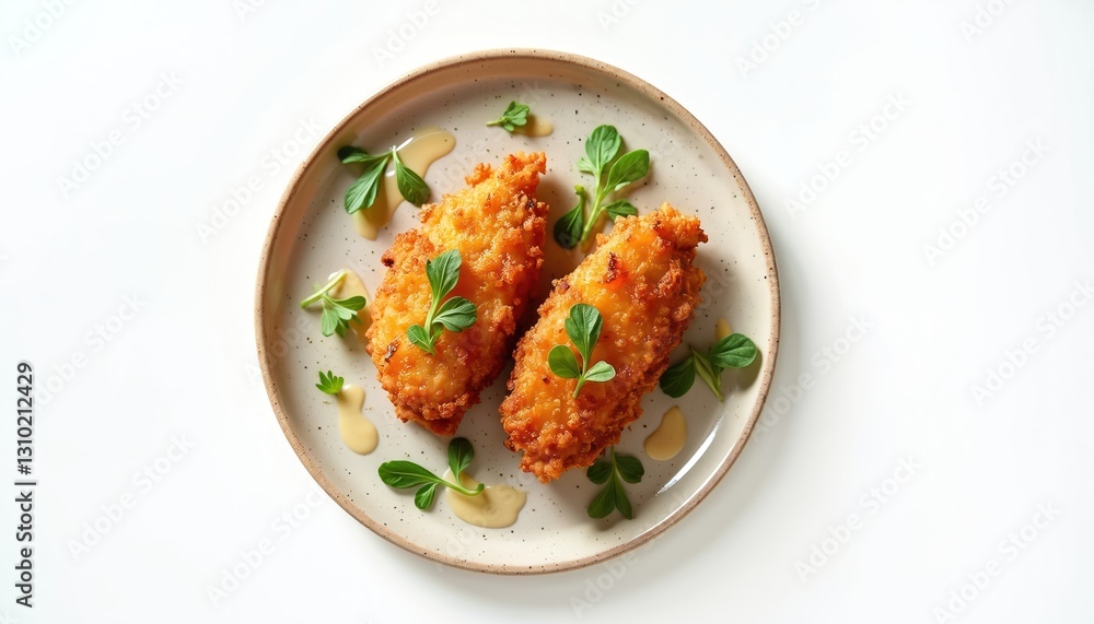 Two fried chicken strips served on plate. Crispy, roasted poultry with breaded crust. Juicy tender meat seasoned with herbs, spices, sauce on white background. Appetizing fast food meal. Two fried chicken strips served on plate. Crispy, roasted poultry with breaded crust. Juicy tender meat seasoned with herbs, spices, sauce on white background. Appetizing fast food meal.