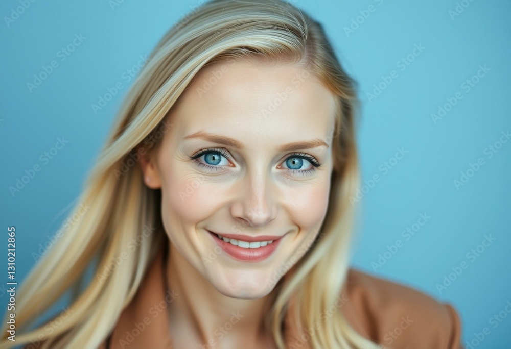 Portrait of a smiling Nordic blond woman with bright blue eyes Portrait of a smiling Nordic blond woman with bright blue eyes
