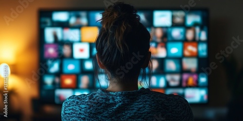 Woman Watching TV Media Gallery at Home