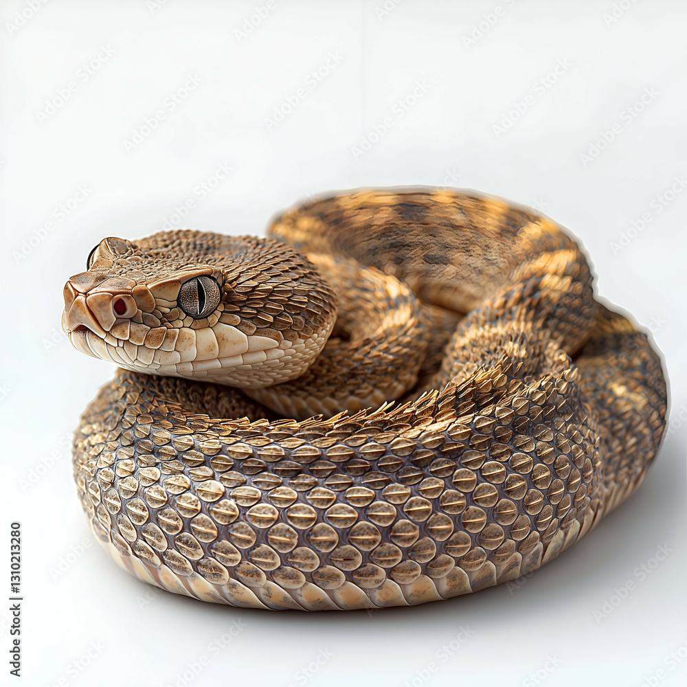 Obraz premium Exotic Venomous Snake Close-Up: Detailed Wildlife Photography of Coiled Brown Reptile with Shiny Scales