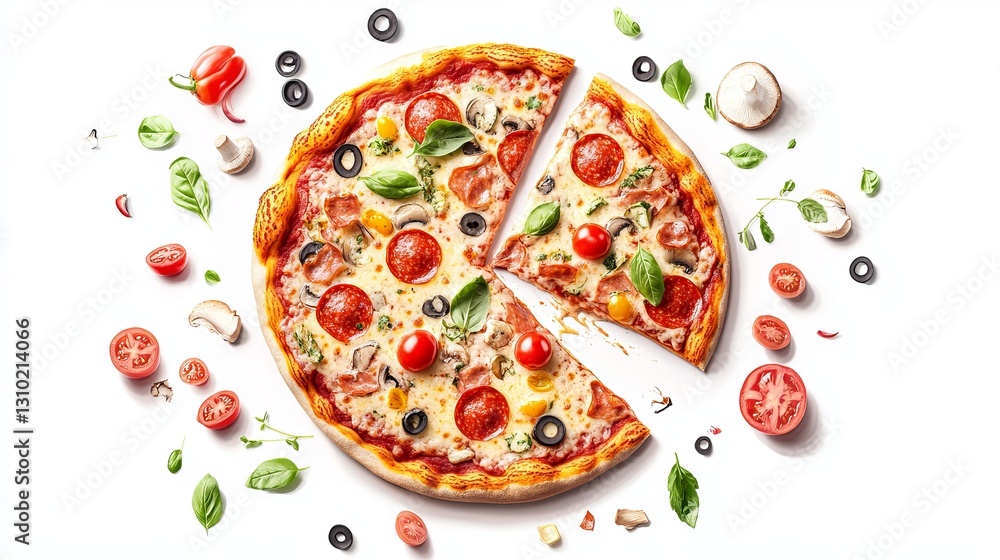 A delicious pizza with ingredients appearing to float around it, set against a white background. A delicious pizza with ingredients appearing to float around it, set against a white background.