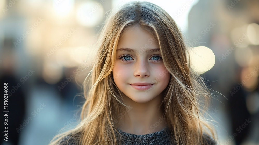 Fototapeta premium Girl, smiling, city street, bokeh background, portrait