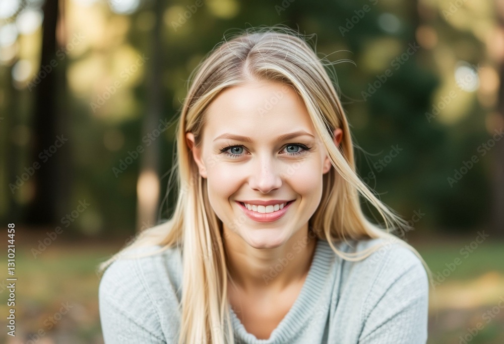 Blonde woman in natural setting with gentle expression Blonde woman in natural setting with gentle expression