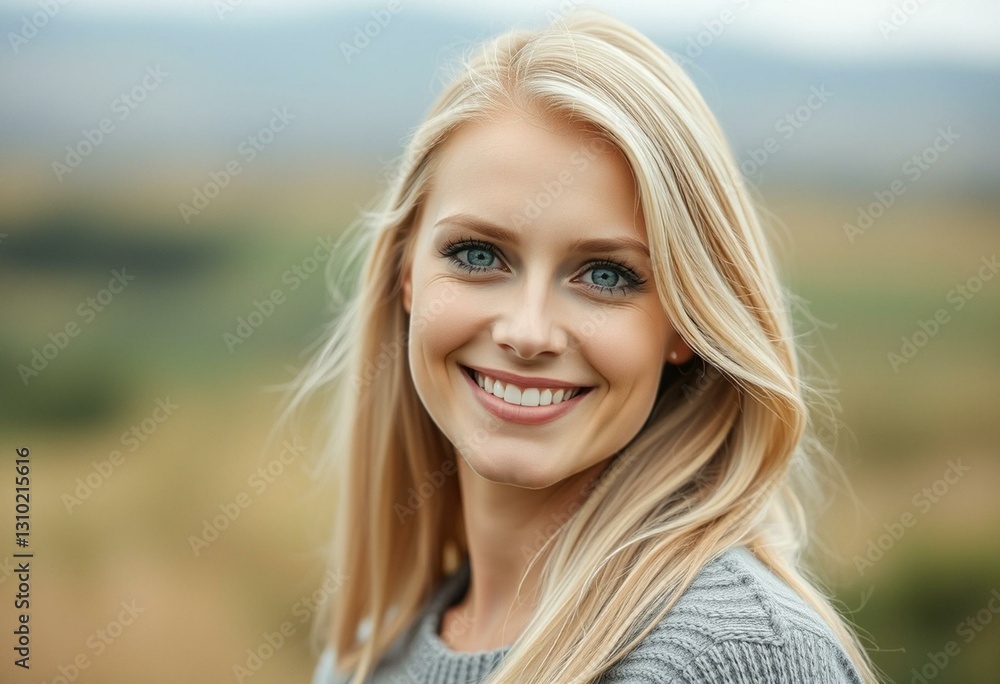 Nordic blond woman with bright blue eyes and a warm smile Nordic blond woman with bright blue eyes and a warm smile