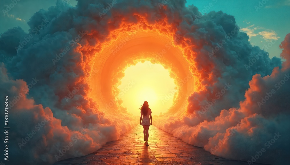 Woman walks into light tunnel surrounded by clouds in sky. Path to new life. Hope, faith, heaven, afterlife, spirituality, religion, journey, destination, freedom, peace, transformation. Surreal, Woman walks into light tunnel surrounded by clouds in sky. Path to new life. Hope, faith, heaven, afterlife, spirituality, religion, journey, destination, freedom, peace, transformation. Surreal,