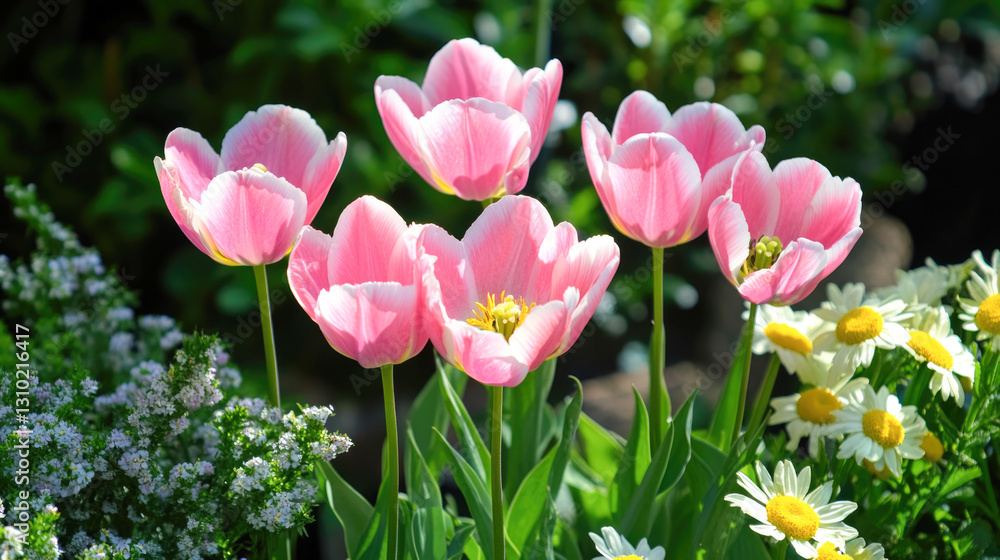 Obraz premium Vibrant pink tulips and daisies in blooming garden setting