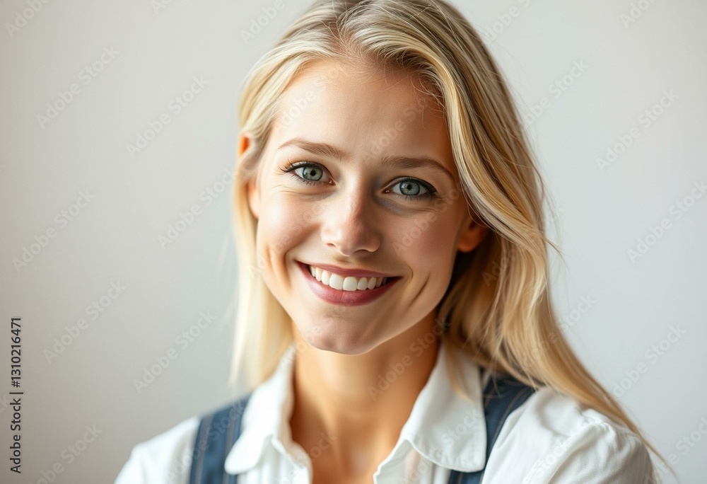Blond Nordic female portrait with relaxed pose and warm smile Blond Nordic female portrait with relaxed pose and warm smile