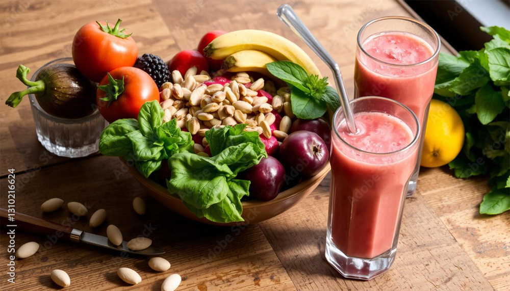 Healthy diet meal with fresh ingredients, balanced and nutritious food Healthy diet meal with fresh ingredients, balanced and nutritious food