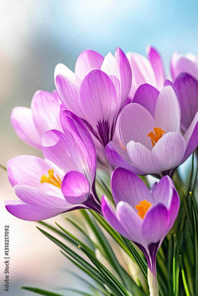 Fototapeta premium Blooming Purple Crocuses in Spring Sunshine