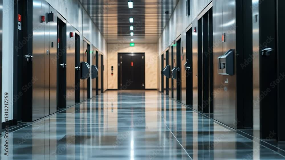 Modern hallway with metallic lockers and polished floor, illuminated by overhead lights Modern hallway with metallic lockers and polished floor, illuminated by overhead lights
