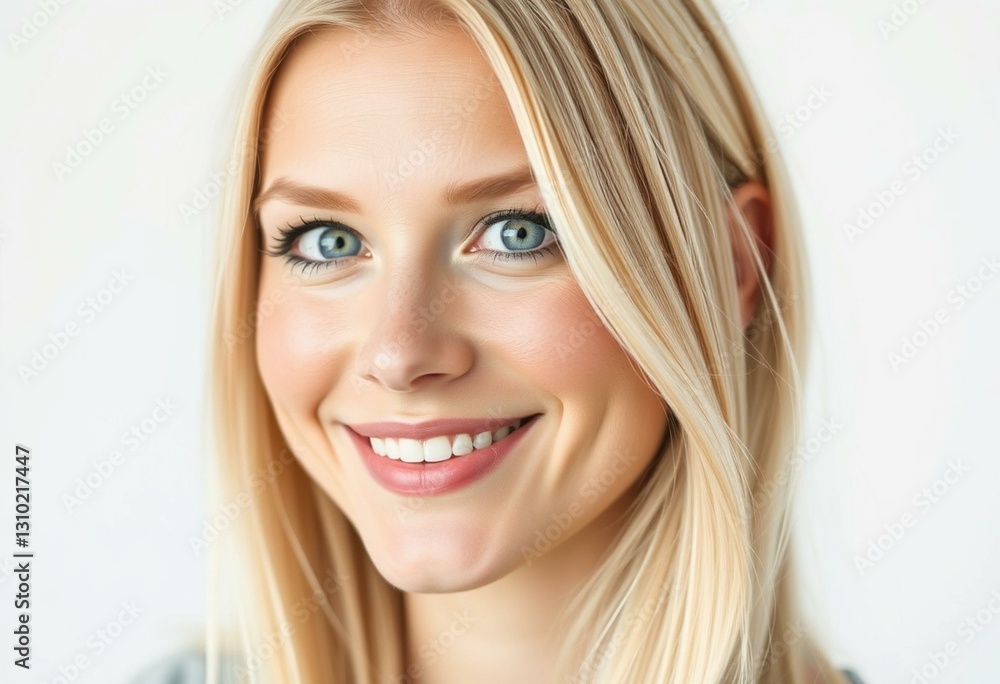 Portrait of a smiling Nordic blond woman with a gentle smile and warm eyes Portrait of a smiling Nordic blond woman with a gentle smile and warm eyes