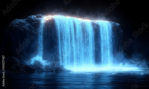Illuminated Waterfall on Rocky Outcrop