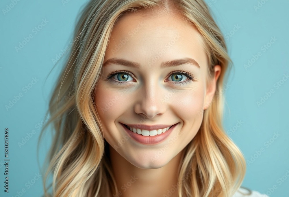 Portrayal of a smiling Nordic blond female with a warm complexion Portrayal of a smiling Nordic blond female with a warm complexion