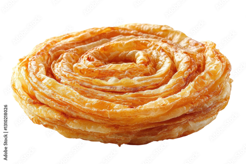 Fototapeta premium Flaky pastry swirl showcasing golden layers, perfect for dessert or breakfast indulgence