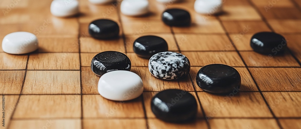 Go game in progress on wooden board, close-up Go game in progress on wooden board, close-up