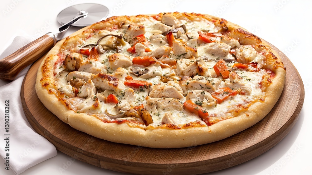 A homemade white pizza with chicken and roasted vegetables, presented on a cutting board alongside a pizza cutter and napkin, captured in a studio setting against a white background. A homemade white pizza with chicken and roasted vegetables, presented on a cutting board alongside a pizza cutter and napkin, captured in a studio setting against a white background.