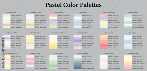 Pastel Color Palettes 18x6 Swatches - Soft, Vintage, Light, Faded, Mix Colors - with HEX Codes and Names, Colour Scheme and Combinations