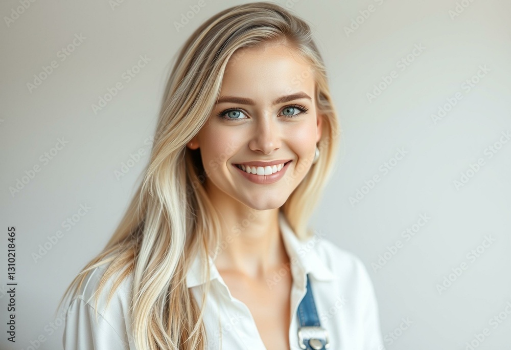 Blond Nordic female portrait with relaxed pose and warm smile